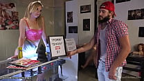 Hot blonde porn shop owner Mona Wales caught trucker Nathan Bronson masturbate during porn movie in her theater and she tied him and fucked